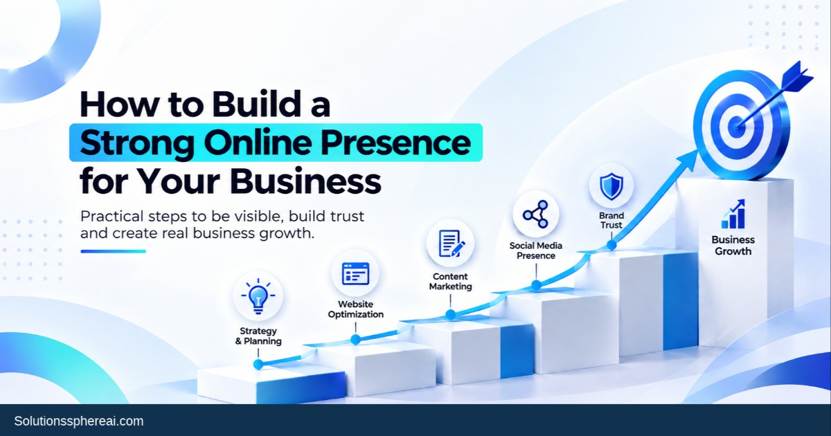 How to build a strong online presence for your business through strategy, website optimization, content marketing, social media, brand trust, and business growth.
