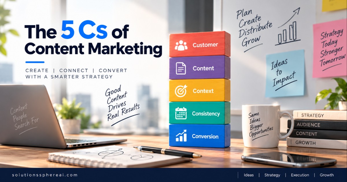 5 Cs of content marketing for business growth — customer, content, context, consistency, and conversion.