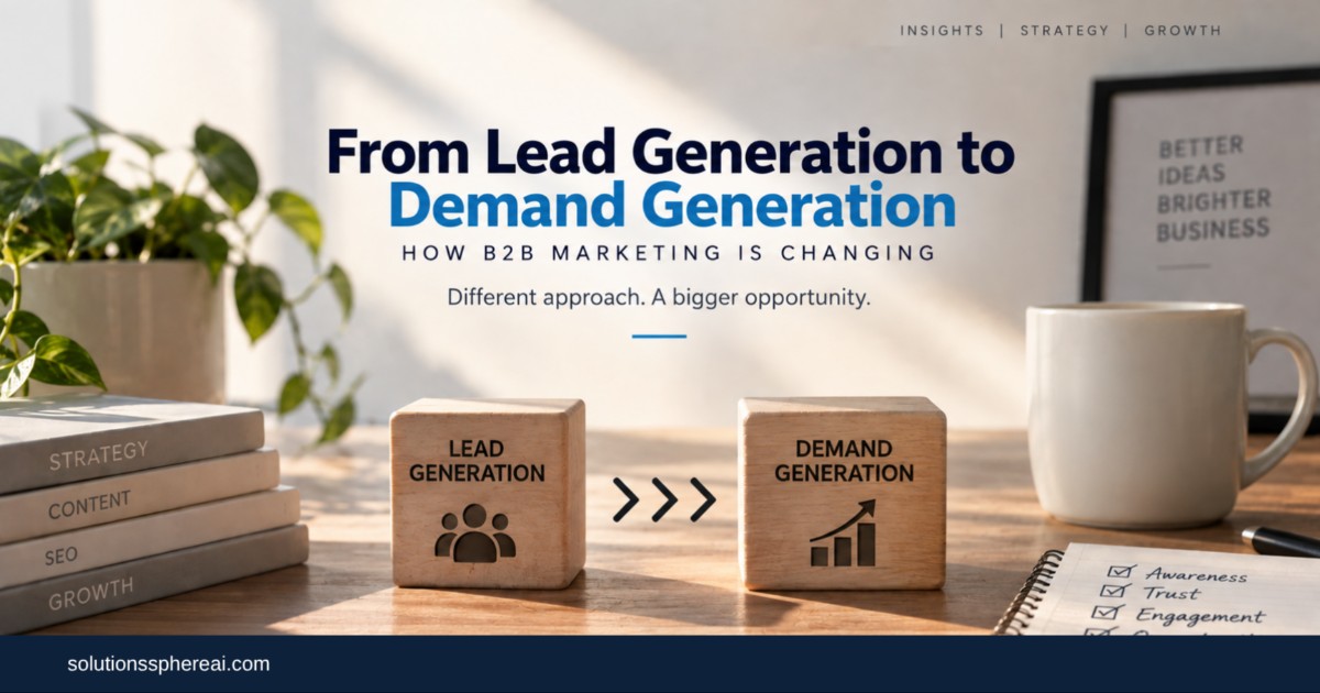 B2B marketing workspace illustrating the shift from lead generation to demand generation, with strategy, content, SEO, and growth elements.