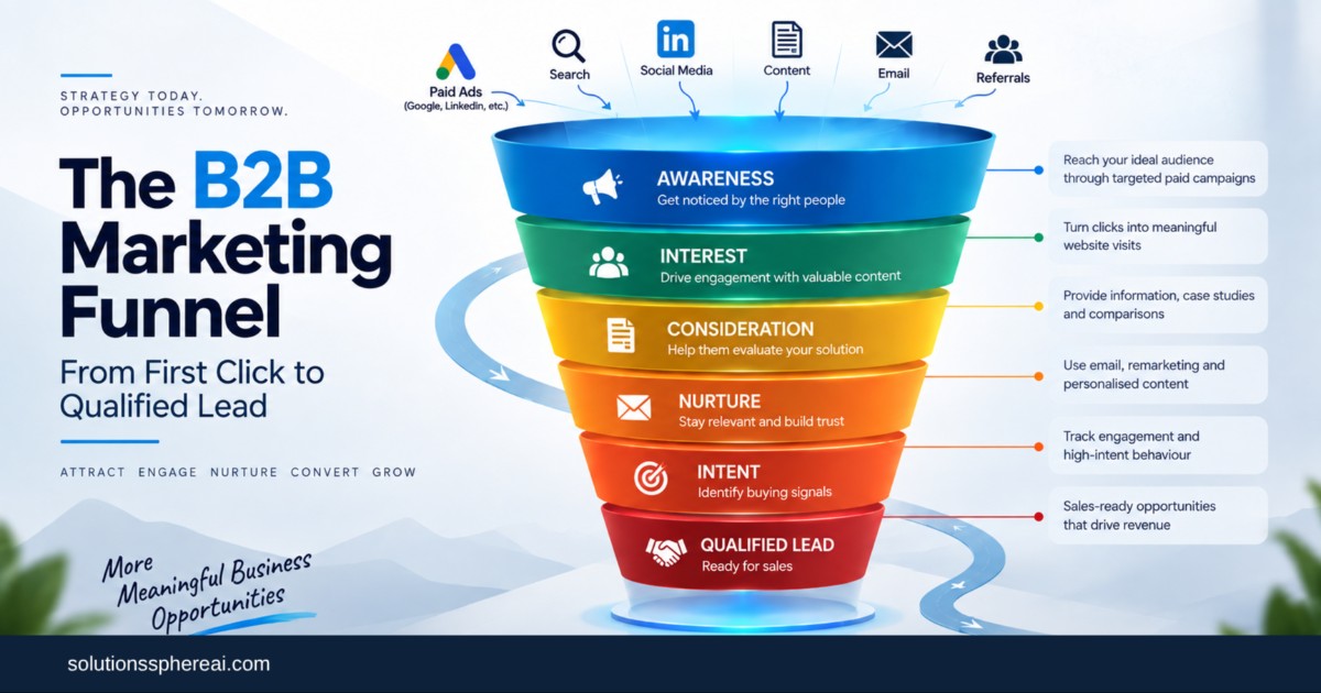 B2B marketing funnel showing the journey from first click through awareness, interest, consideration, nurturing, intent, and qualified lead.