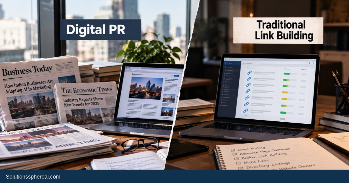 Digital PR vs traditional link building showing media outreach, brand visibility, backlink acquisition, and SEO strategies.