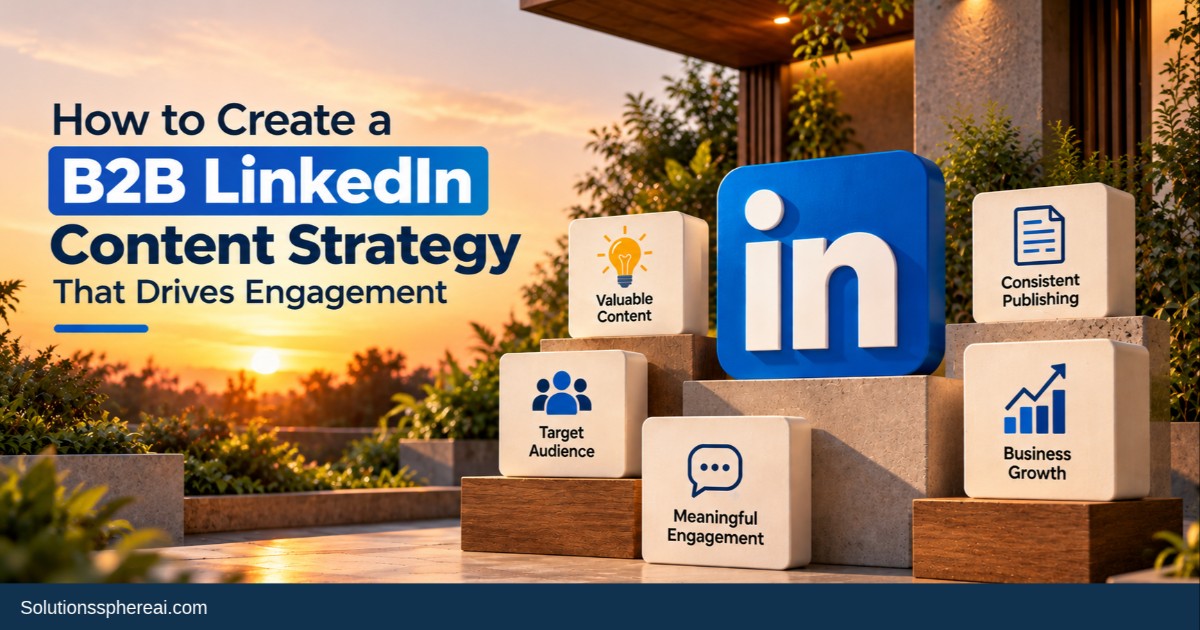B2B LinkedIn content strategy showing valuable content, target audience, meaningful engagement, consistent publishing, and business growth at sunset.