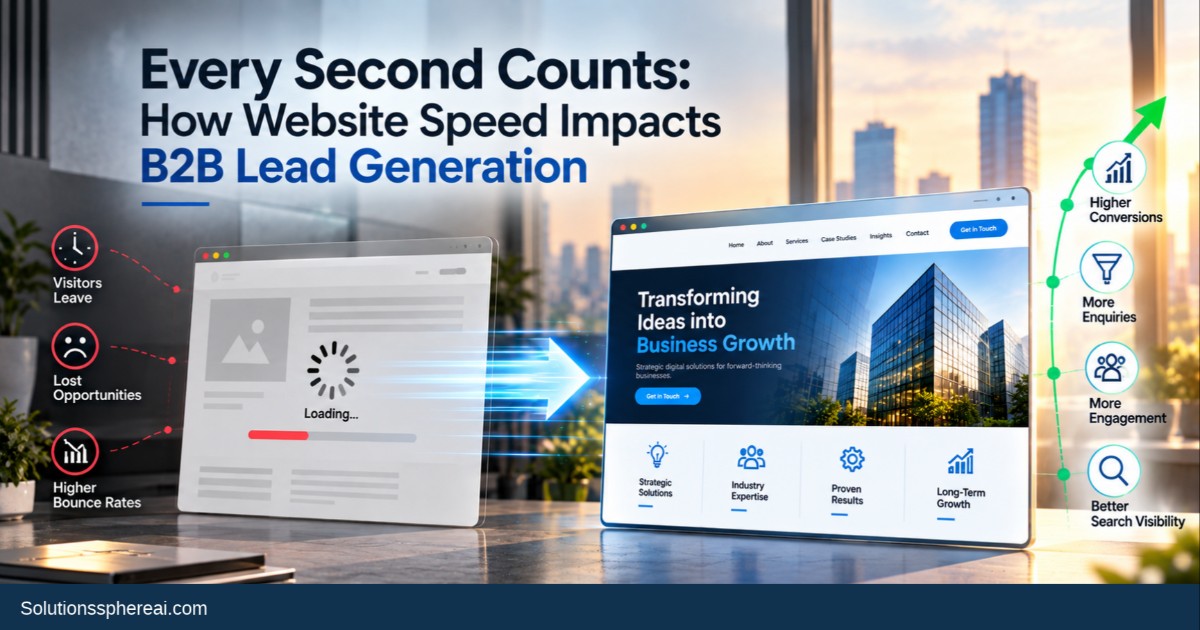Corporate illustration showing how website speed affects B2B lead generation, from slow loading and lost opportunities to higher engagement, enquiries, conversions, and search visibility.