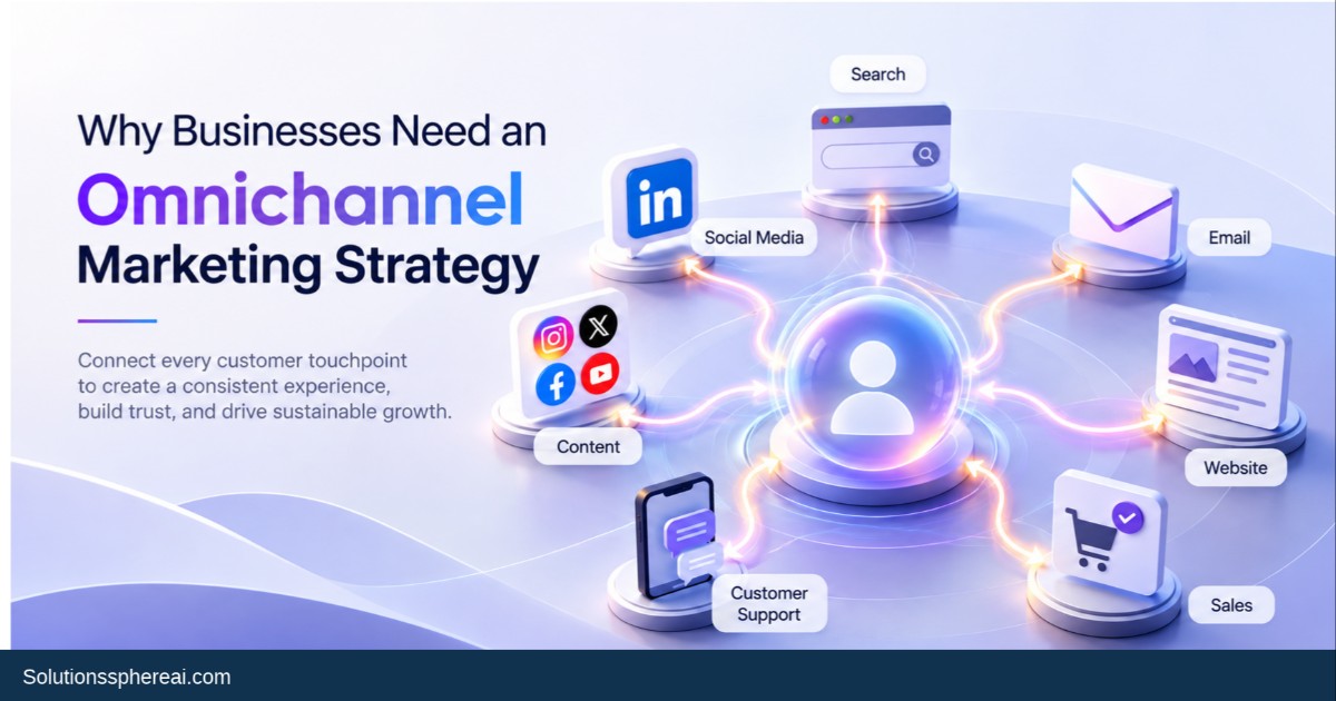 Illustration showing an omnichannel marketing strategy connecting search, social media, email, content, website, sales, and customer support around a central customer.