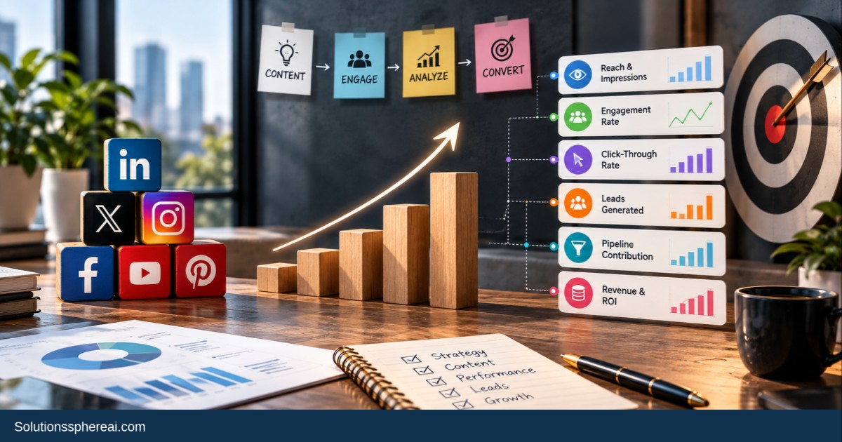 B2B social media marketing metrics and KPIs showing engagement, leads, pipeline contribution, revenue and ROI