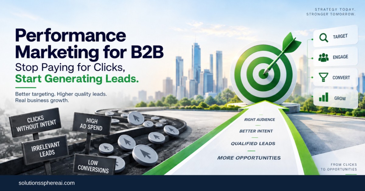 ALT TEXT   Alt text: B2B performance marketing strategy showing the journey from clicks and ad spend to qualified leads, conversions, and business growth.